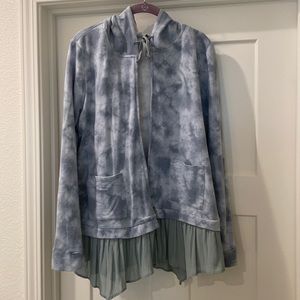 LOGO lounge, hoodie sweatshirt cardigan with ruffle hem. Size Large QVC.